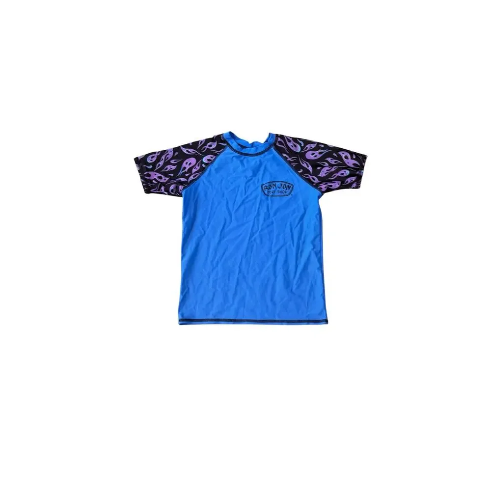 Ron Jon Surf Shop Blue Purple Flame Rash Guard Surf Swim Shirt Youth Large Y2K